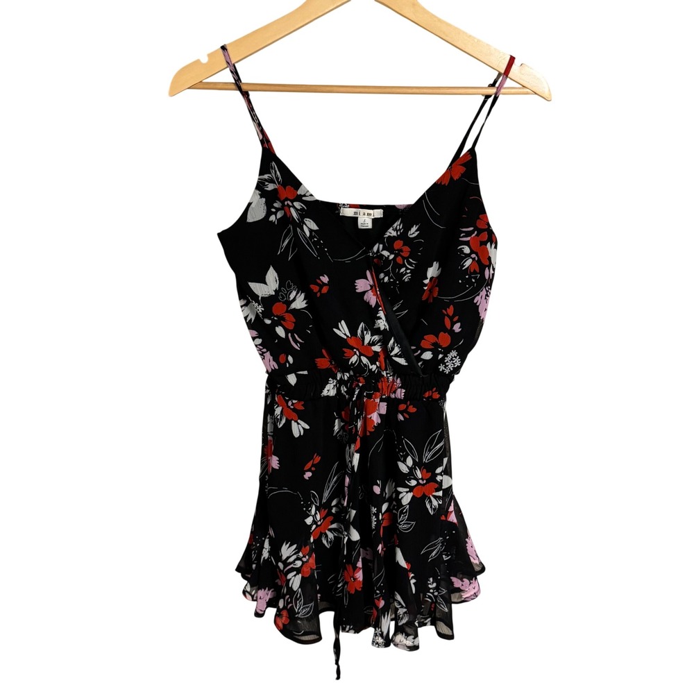 Mami Floral Romper Womens Small Black‎ Red Pink Sleeveless Surplice Wrap Waist